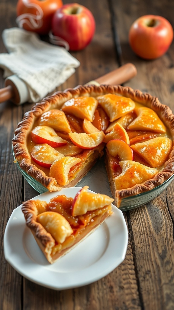 A freshly baked apple pie with golden crust and apple filling, served on a rustic wooden table.